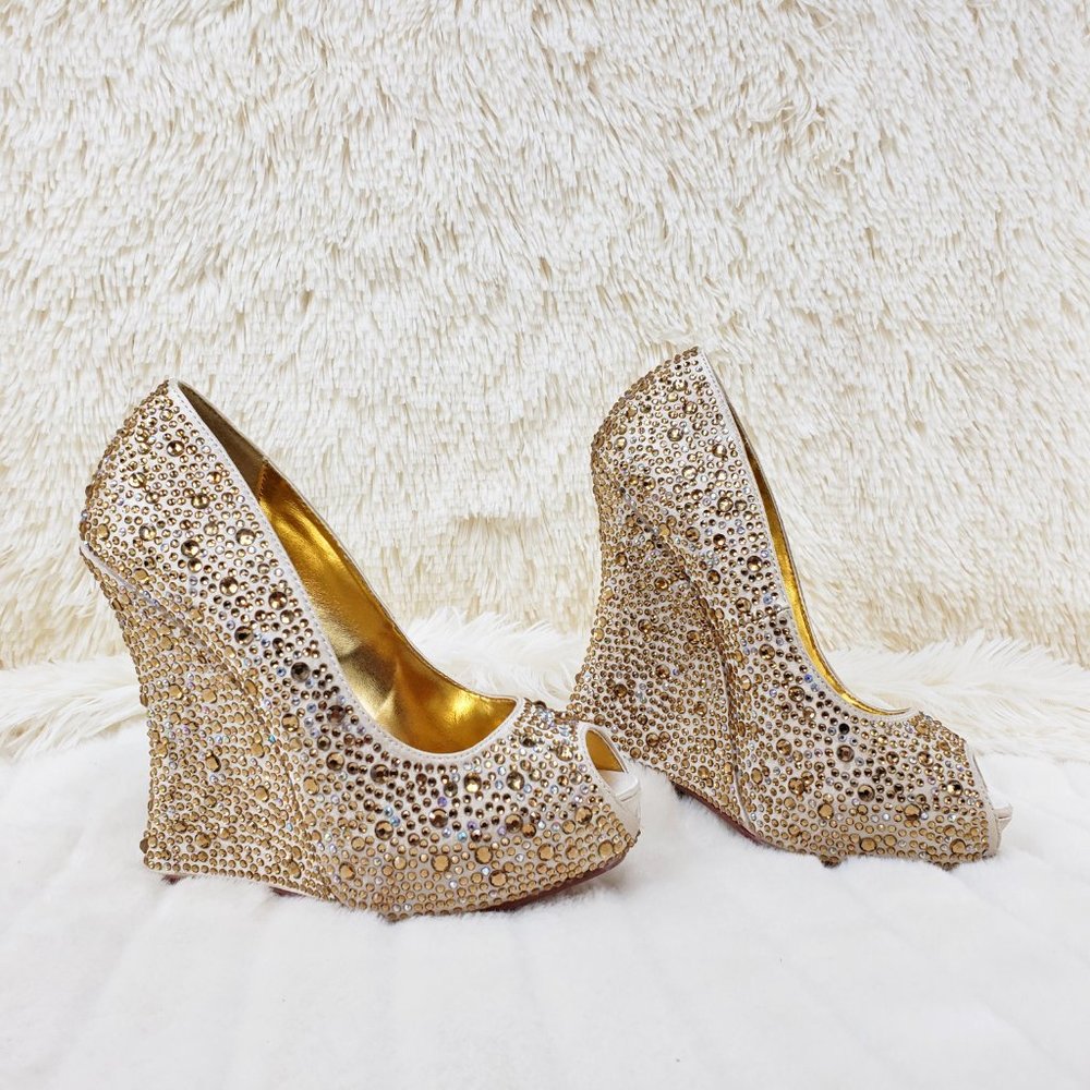 Isabella 5" Wedge Heel Rhinestone Peep Toe Pumps Shoes Glamour Heels